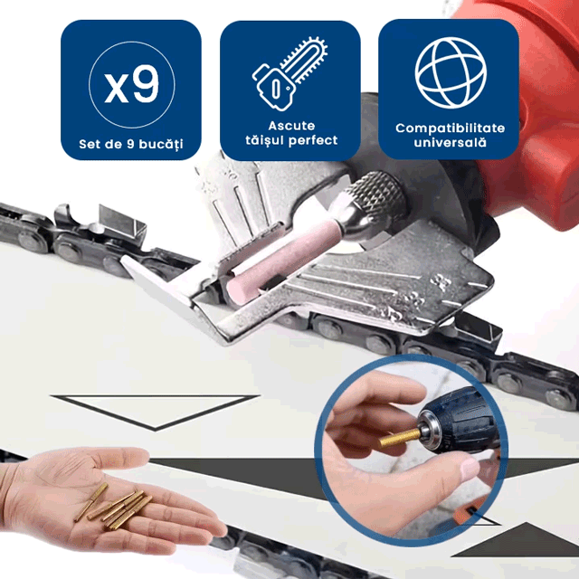 Drujbix Pro – Set Complet 9 Capete pentru Ascuțit Drujba (3 dimensiuni x 3 materiale)